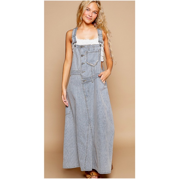 POL Blue Striped Pocket Button Detail Pockets Denim Overall Dress - Picture 1 of 3